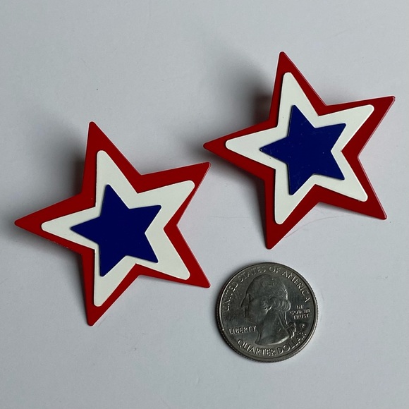 Star Earrings Patriotic Metal Red White & Blue 2” Across 4th Of July Jewelry - Picture 2 of 11
